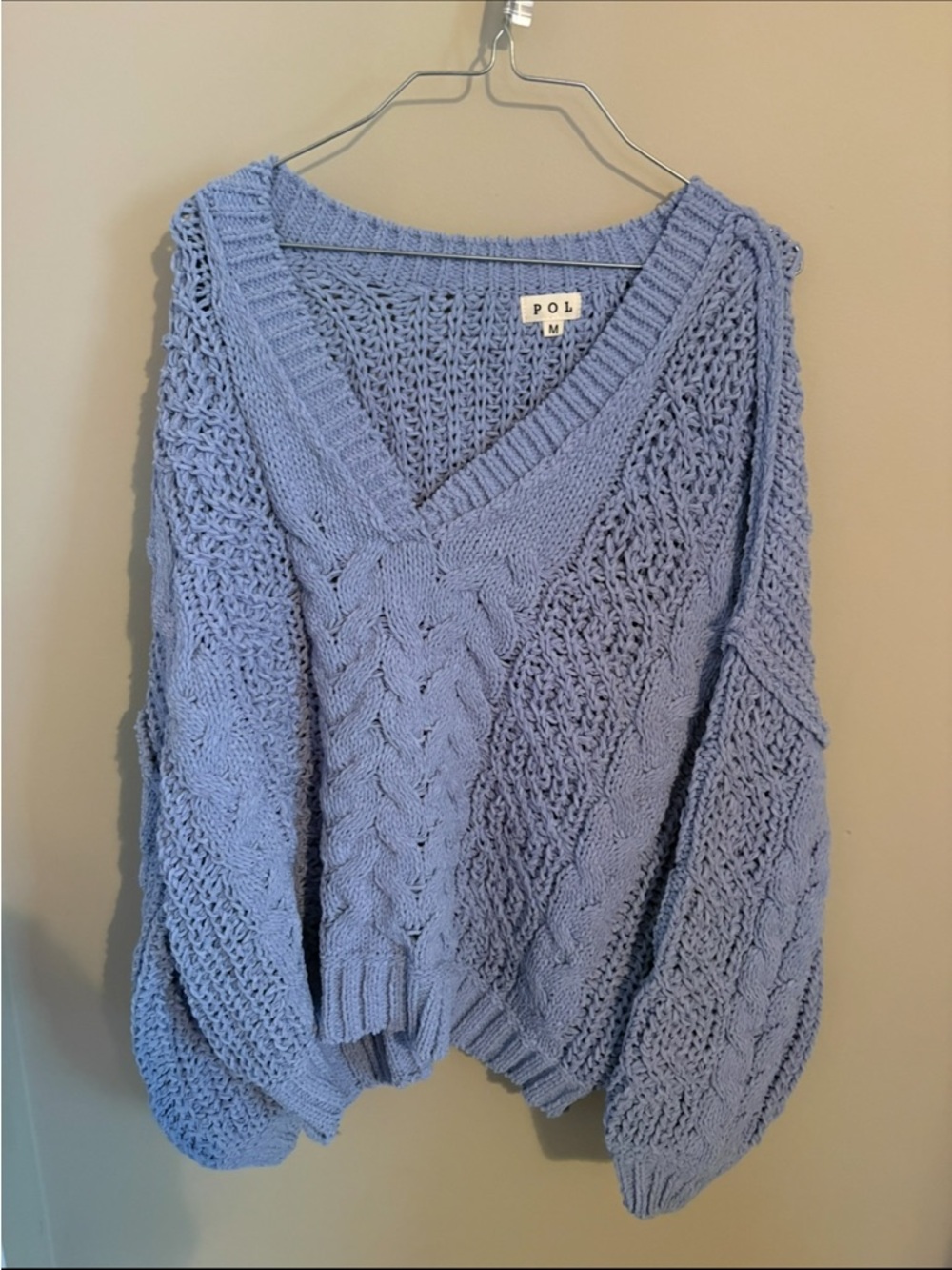 POL Light Blue Cable-Knit V-Neck Sweater